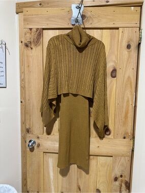 Turtleneck Cable-Knit Poncho Sweater Dress - Mustard